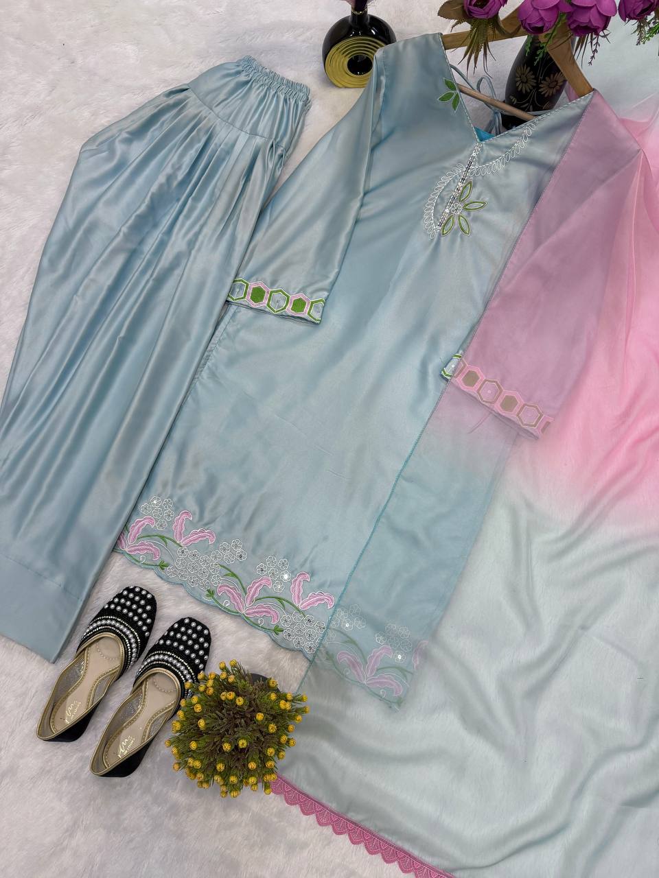 Pastel Blue Scalloped Hem Ensemble
